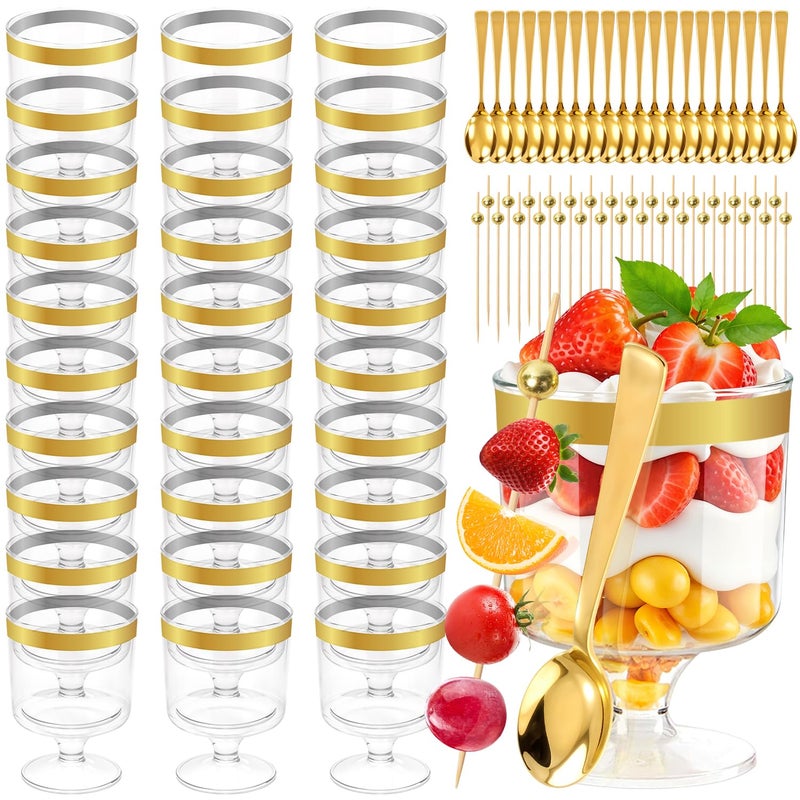 JIURUN 140 Pcs Clear Plastic Dessert Cups with Spoons, 5 Oz Dessert Cups for Fruit, Ice Cream, Party Supplies (Gold) - Image 1