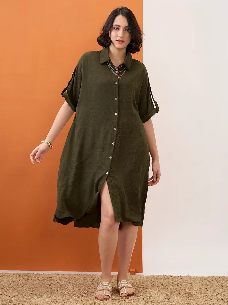 Women Olive Solid Collared Neck Roll-Up Sleeves Curved Hem Midi Shirt Dress