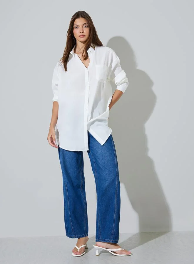 ستايلي White Long Sleeve Longline Shirt