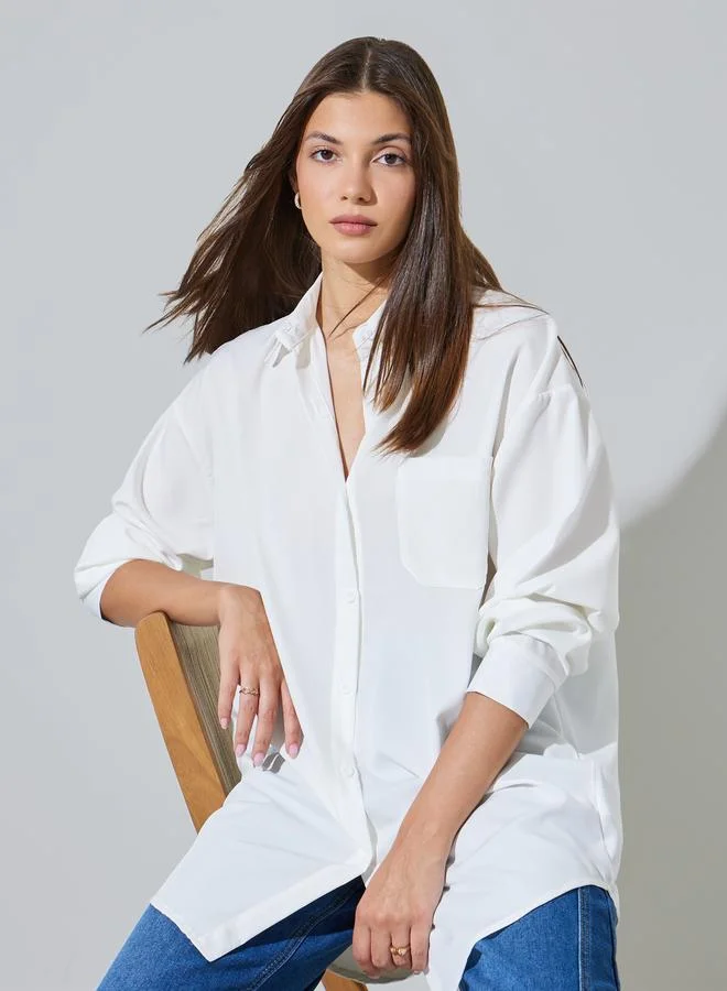 ستايلي White Long Sleeve Longline Shirt
