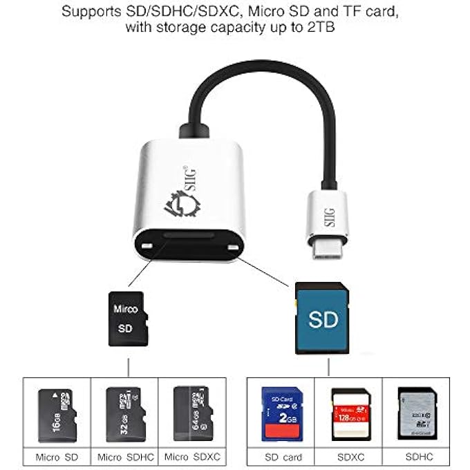 SIIG USB TYPE C 2-IN-1 CARD READER FOR SD & MICRO SD - COMPACT ALUMINUM CASE - 5GBPS DATA TRANSFER RATE - FOR MACBOOK PRO, CHROMEBOOK PIXEL/PIXELBOOK, SAMSUNG GALAXY S8, OTHER USB C DEVICES - SILVER - Image 3