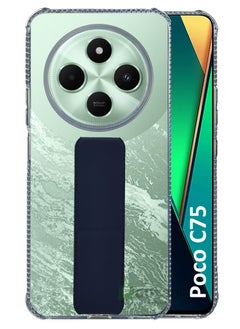 Generic For  Poco C75 - Transparent Shock Proof Silicone- Magnetic Case With Hand Grip Holder & Kickstand -Clear/Navy Blue  - Image 1