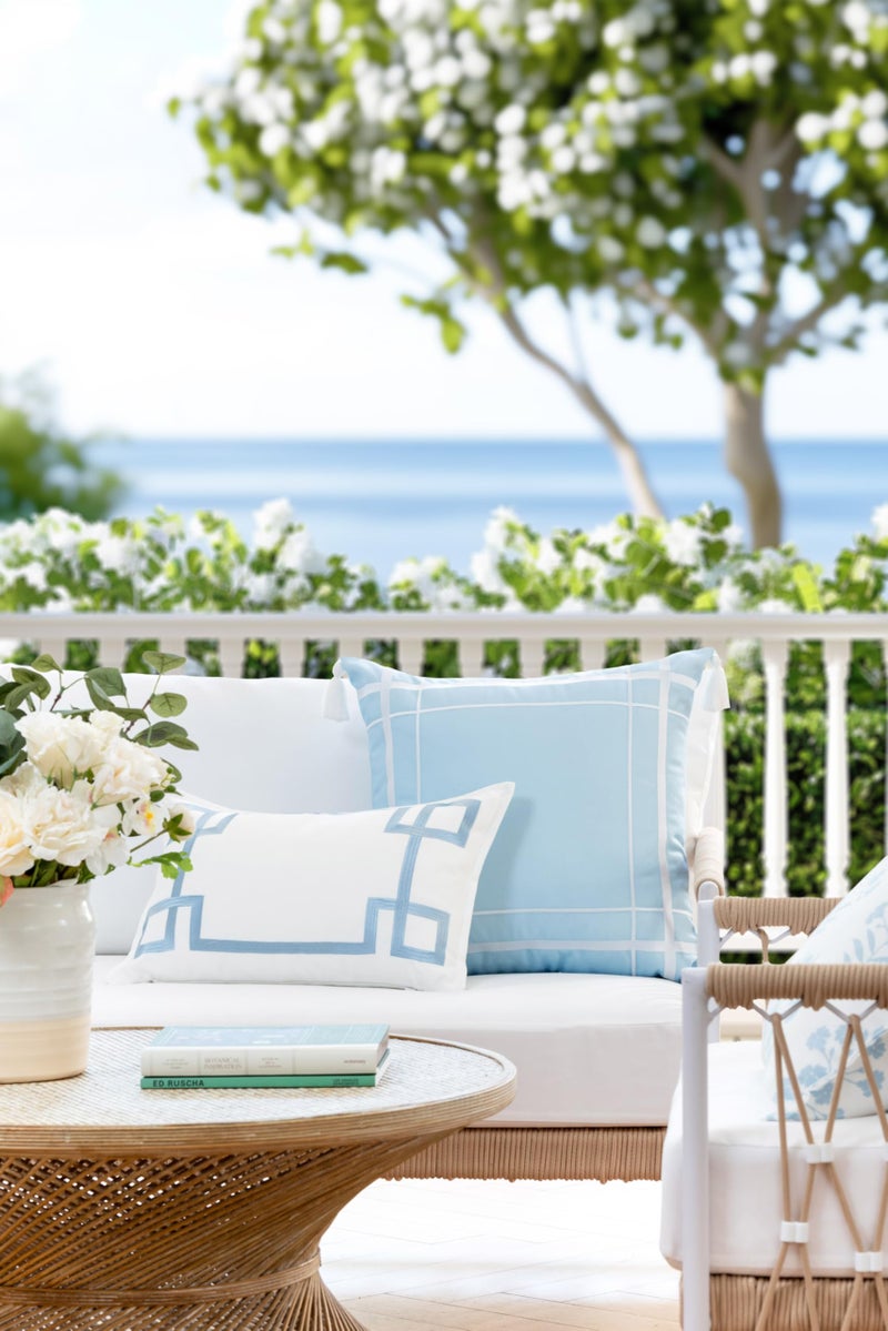 Hofdeco Premium Hofdeco Premium Coastal Patio Indoor Outdoor Throw Pillow Cover Only  20""x20"" Water Repellent for Backyard  Couch  Baby Blue Embroidered Line Frame  - Image 2