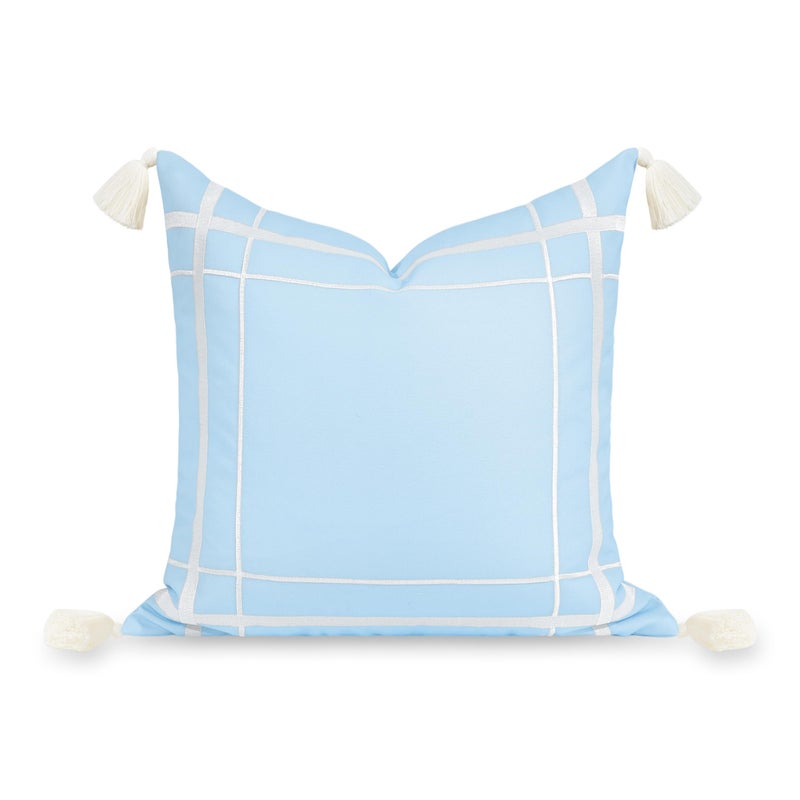 Hofdeco Premium Hofdeco Premium Coastal Patio Indoor Outdoor Throw Pillow Cover Only  20""x20"" Water Repellent for Backyard  Couch  Baby Blue Embroidered Line Frame  - Image 1