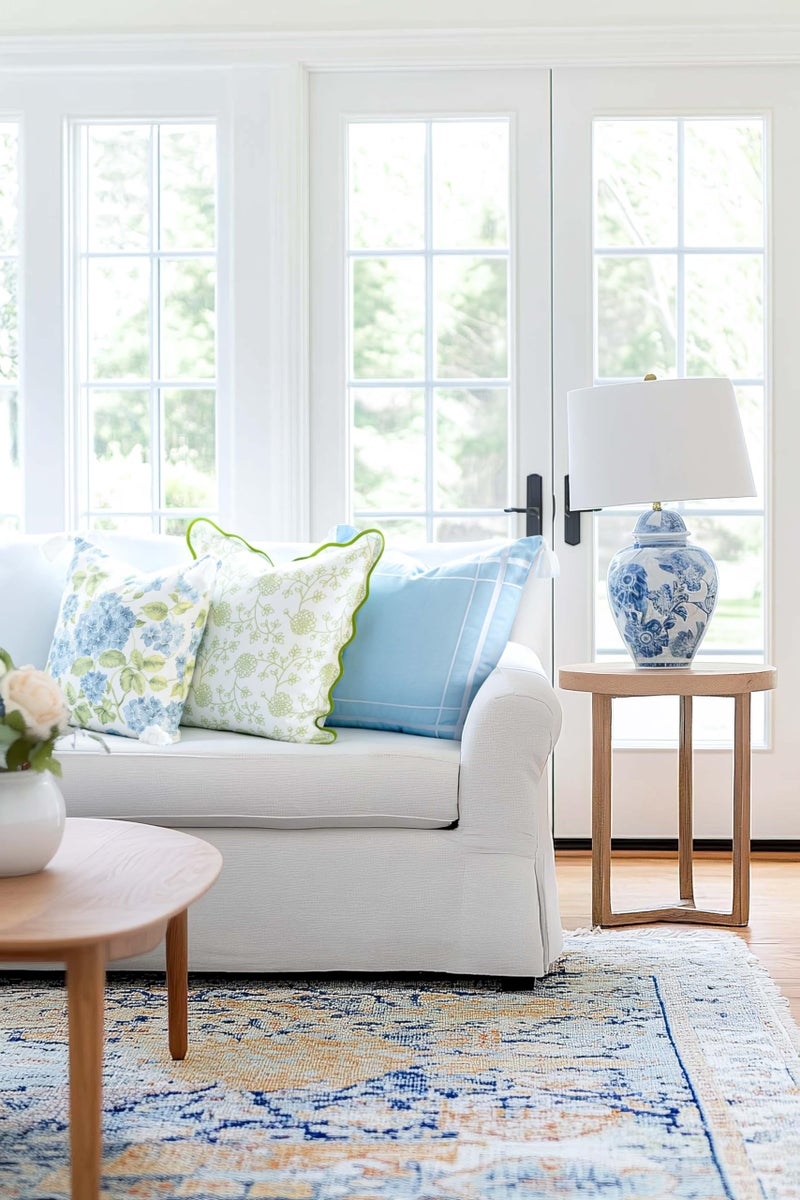 Hofdeco Premium Hofdeco Premium Coastal Patio Indoor Outdoor Throw Pillow Cover Only  20""x20"" Water Repellent for Backyard  Couch  Baby Blue Embroidered Line Frame  - Image 3