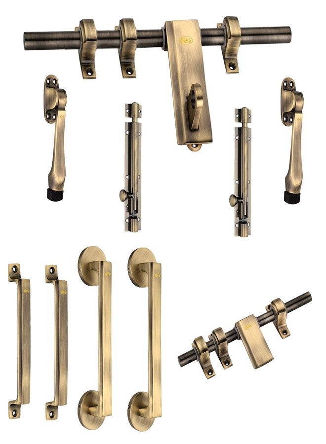 Chitra Altis Series Brass Heavy Double Door Fitting Accessories Full Set/Kit (1 Aldrop, 1 Latch, 4 Handles, 2 Tower Bolt and 2 Door Stopper) (12 Inch, Antique Brass Matt) - Image 1