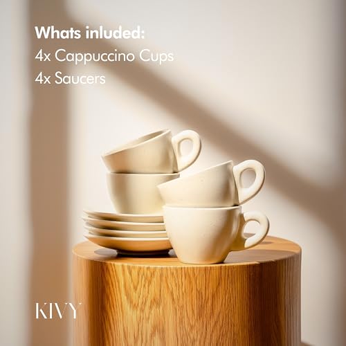 KIVY Cappuccino cups set [4x 8oz] - Thick-walled stoneware cappuccino cup set for latte art - Cappuccino coffee cups - Tazas de cafe - Latte cups - Ceramic latte art cup and saucer set of 4 - Image 5