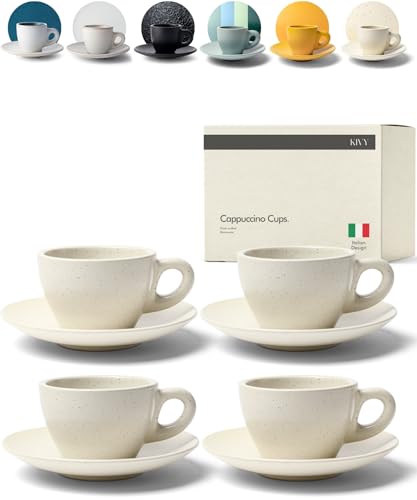 KIVY Cappuccino cups set [4x 8oz] - Thick-walled stoneware cappuccino cup set for latte art - Cappuccino coffee cups - Tazas de cafe - Latte cups - Ceramic latte art cup and saucer set of 4 - Image 1