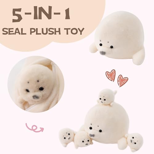 Gudisi Seal Stuffed Animals with 4 Babies Plushies16inch White Pillow Christmas Thanksgiving Gift for Kids Boyds and Girls - Image 5