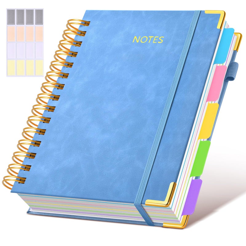 dilitego Hardcover Spiral Notebook journal with Removable Dividers Tabs, 300 Pages Leather 5 Subject Notebook College Ruled, 100GMS Notebooks for Work School Note taking,Lined Journal for Women,A5 Light Blue - Image 1