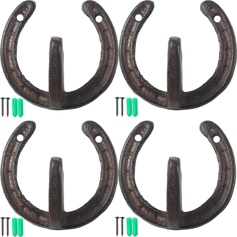 NSBELL 4PCS Cast Iron Horseshoe Shaped Wall Hooks - Vintage Coat Hat Horse Hanger - Farmhouse Decorative Hooks for Hanging Robe Towels Coats Bags - Image 5