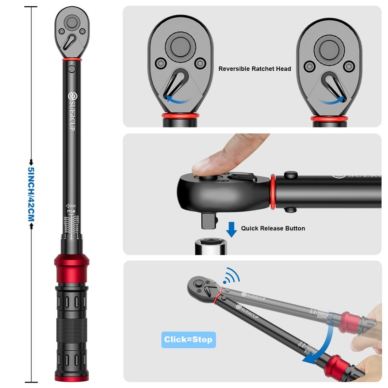 SUERCUP 1/4 3/8 1/2-inch Drive Torque Wrench - 3Pcs Torque Wrench Set 20-240in.lb, 5-45ft.lb, 10-170ft.lb, Dual-Direction Adjustable 72 Tooth Click Torque Wrench for Bicycle, Moto and Car Maintenance - Image 5
