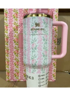 Love Shack Fancy H2.0 Flow State 40oz Pink Rose Tumbler, Stainless Steel Vacuum Insulated Quencher with Lid, Straw, and Stopper, Ideal for Water and Iced Tea, Keeps Drinks Cold, Presented in Elegant Gift-Ready Packagin