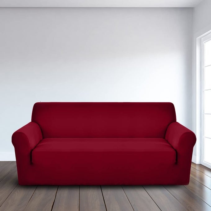 UNIVERSAL ELASTIC SOFA COVER STRETCHABLE SLIPCOVER FOR ANY TYPE OF SOFA OR COUCH SPANDEX JACQUARD FABRIC EASY INSTALLATION WASHABLE LIVING ROOMOFFICE WINE RED THREE SEATER