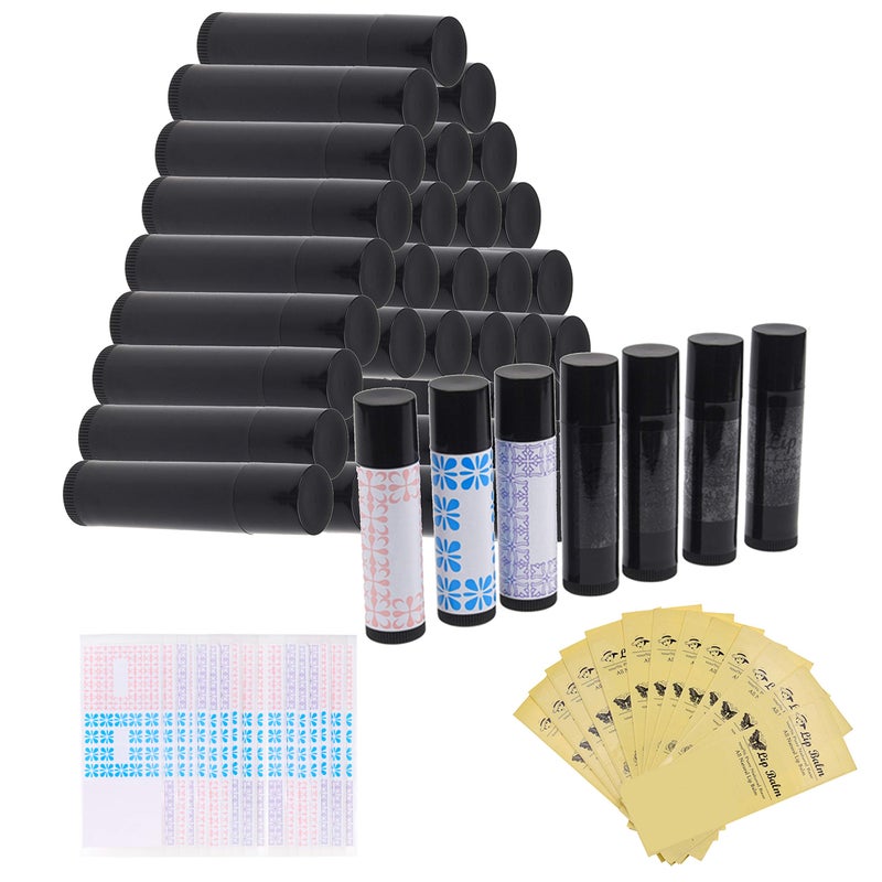 Lip Balm Container Kit 50x Lip Balm Tubes Black 50x Writable Sticker 3 colors 50x Printed Stickers Transparent for DIY Lip Balm DIY Homemade Cosmetics Home Travel Gift Idea
