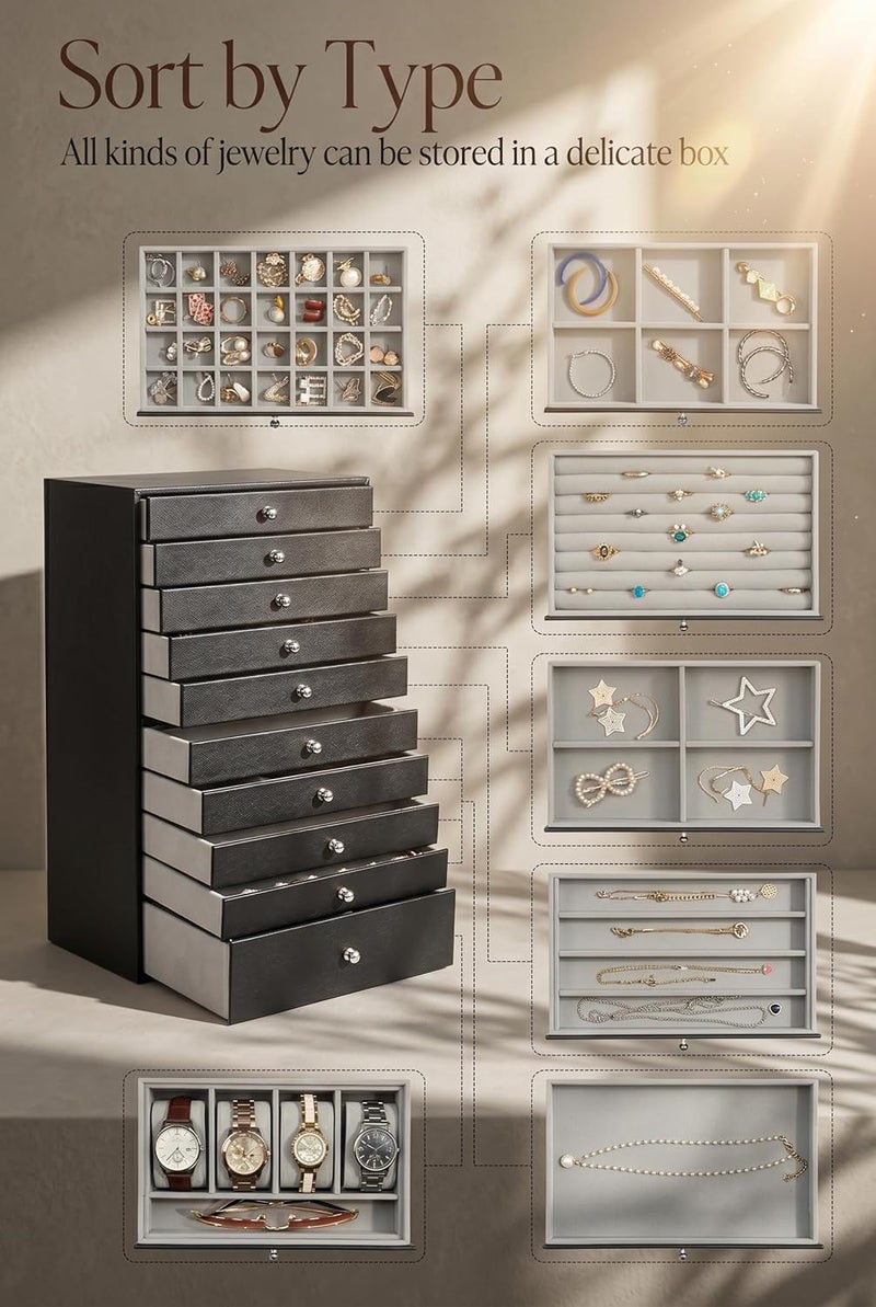 GUKA Large Jewelry Box with 10 Drawers for Jewelry Storage Organizer - Black - Image 3
