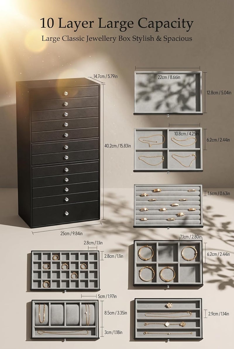 GUKA Large Jewelry Box with 10 Drawers for Jewelry Storage Organizer - Black - Image 4