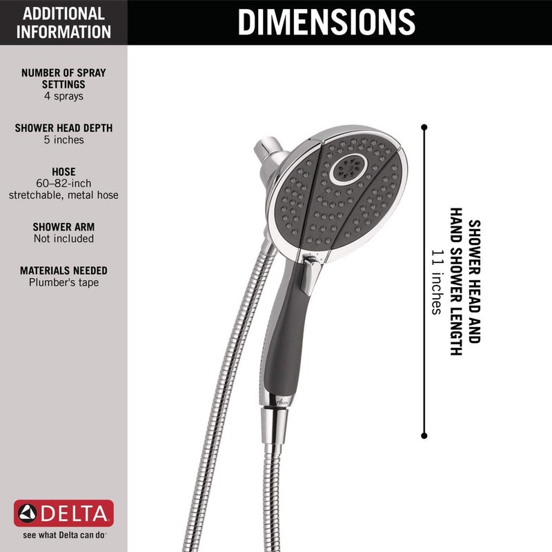 Delta Faucet 2-in-1 Showerhead with Handshower I 10 Year Warranty I In2ition 4-Spray Setting Overhead and Handheld Shower I Rain Dual Shower head for Bathroom with 1.5 meter Hose I Chrome - 58467 - Image 2