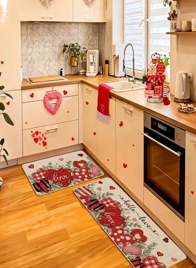 Baccessor Valentine's Day Kitchen Rugs Set of 2, Hello Love Hearts Eucalyptus Kitchen Mats Non Slip Low-Profile Washable for Floor Anniversary Wedding Home Decor 17x29 and 17x47 Inch - Image 2