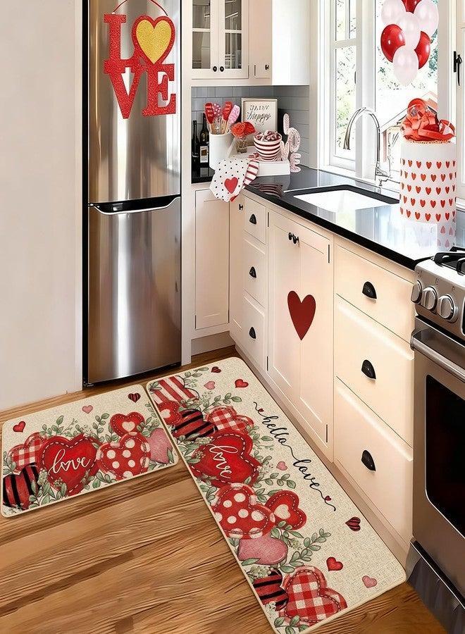 Baccessor Valentine's Day Kitchen Rugs Set of 2, Hello Love Hearts Eucalyptus Kitchen Mats Non Slip Low-Profile Washable for Floor Anniversary Wedding Home Decor 17x29 and 17x47 Inch - Image 5