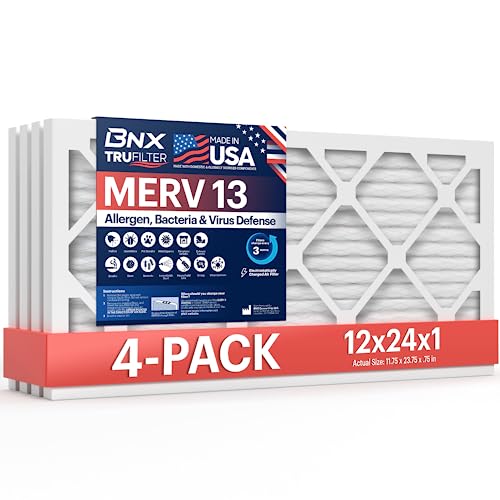 BNX TruFilter 12x24x1 Air Filter MERV 13 (4-Pack) - MADE IN USA - Electrostatic Pleated Air Conditioner HVAC AC Furnace Filters for Allergies, Pollen, Mold, Bacteria, Smoke, Allergen, MPR 1900 FPR 10 - Image 1