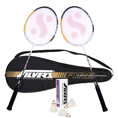 Silvers Silver's FIRE Badminton Kit (2 Racquets with Full Cover, 1 Box Feather Shuttlecock Pack of 3) FIRE Combo 1 with Feather Shuttle, Black/White - Image 1