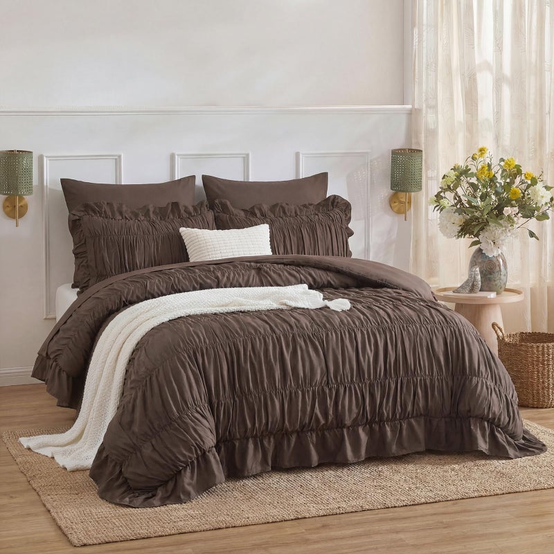 Herside Brown Ruffle Duvet Cover Set Queen Size,Ruched Boho Bedding 3 Pieces Shabby Chic Luxury Wrinkle Ruffle Comforter Cover Set,Breathable and Soft Microfiber Quilt Cover Set for All Seasons - Image 2