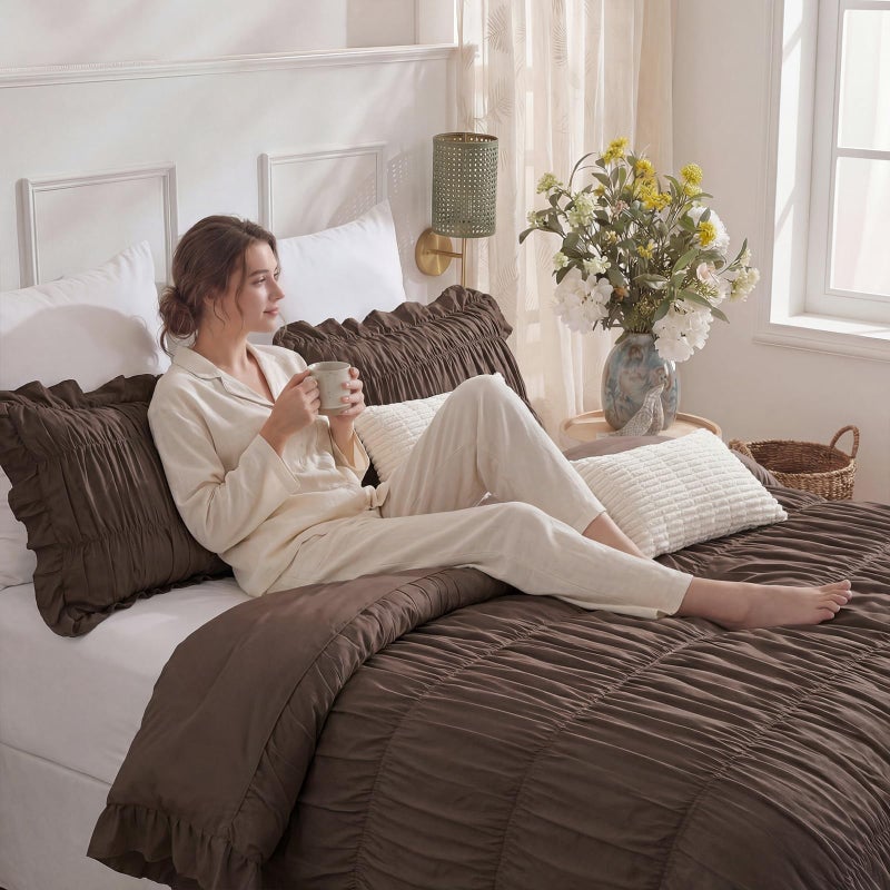 Herside Brown Ruffle Duvet Cover Set Queen Size,Ruched Boho Bedding 3 Pieces Shabby Chic Luxury Wrinkle Ruffle Comforter Cover Set,Breathable and Soft Microfiber Quilt Cover Set for All Seasons - Image 3