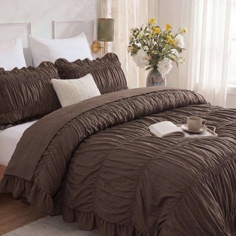 Herside Brown Ruffle Duvet Cover Set Queen Size,Ruched Boho Bedding 3 Pieces Shabby Chic Luxury Wrinkle Ruffle Comforter Cover Set,Breathable and Soft Microfiber Quilt Cover Set for All Seasons - Image 4