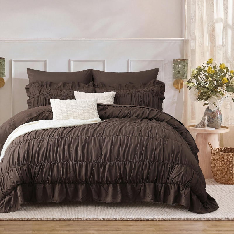 Herside Brown Ruffle Duvet Cover Set Queen Size,Ruched Boho Bedding 3 Pieces Shabby Chic Luxury Wrinkle Ruffle Comforter Cover Set,Breathable and Soft Microfiber Quilt Cover Set for All Seasons - Image 1