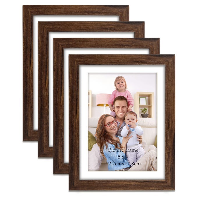 BROWN 5X7 PICTURE FRAME SET OF 4 6X8 MATTED TO 5X7 PHOTO RUSTIC WALNUT FRAMES WITH MAT FOR WALL OR TABLETOP