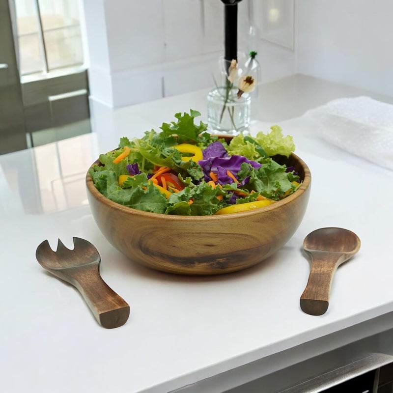 WRIGHTMART Acacia Wood Bowl Set 9 Round Bowl with Salad Servers Natural Rustic Finish Ideal for Food Fruit Kitchen Dining  Living Room Decor Handmade  Durable Set of 3 - Image 4