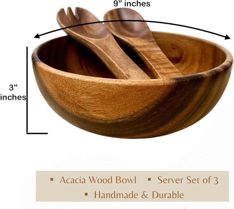 WRIGHTMART Acacia Wood Bowl Set 9 Round Bowl with Salad Servers Natural Rustic Finish Ideal for Food Fruit Kitchen Dining  Living Room Decor Handmade  Durable Set of 3 - Image 5