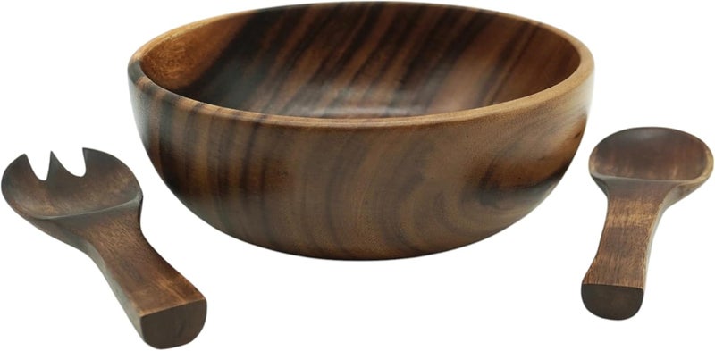 WRIGHTMART Acacia Wood Bowl Set 9 Round Bowl with Salad Servers Natural Rustic Finish Ideal for Food Fruit Kitchen Dining  Living Room Decor Handmade  Durable Set of 3 - Image 3
