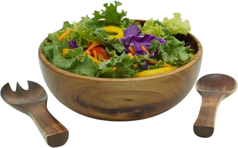 WRIGHTMART Acacia Wood Bowl Set 9 Round Bowl with Salad Servers Natural Rustic Finish Ideal for Food Fruit Kitchen Dining  Living Room Decor Handmade  Durable Set of 3 - Image 1