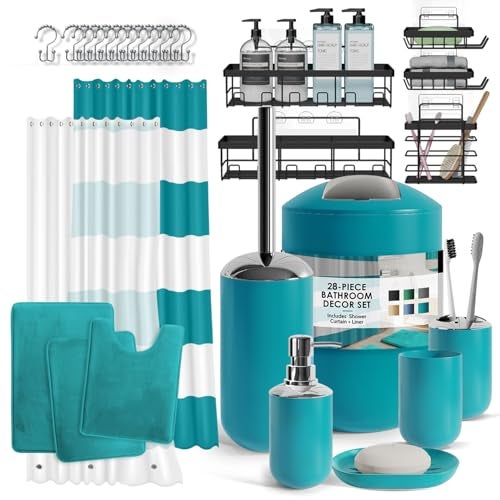 Clara Clark Bathroom Accessories Set - 28PC Bathroom Set with Adhesive Corner Shower Caddy Hanging, Bathroom Sets with Shower Curtain and Rugs, Teal Shower Curtain Set with Bathroom Trash Can - Image 1