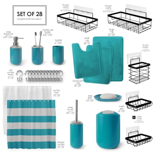 Clara Clark Bathroom Accessories Set - 28PC Bathroom Set with Adhesive Corner Shower Caddy Hanging, Bathroom Sets with Shower Curtain and Rugs, Teal Shower Curtain Set with Bathroom Trash Can - Image 2