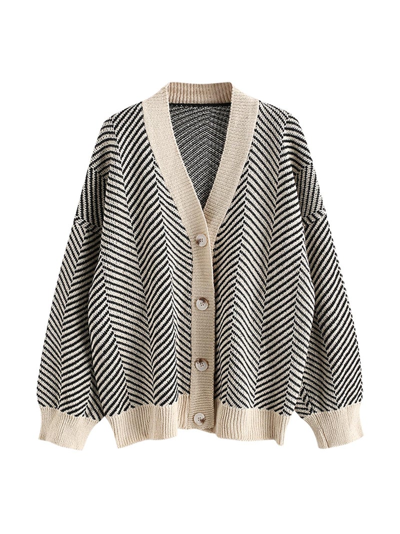 ZAFUL Women's Striped Cardigan Long Sleeve Button Up Open Front Knit Oversized Sweater (0-Stripes) - Image 1