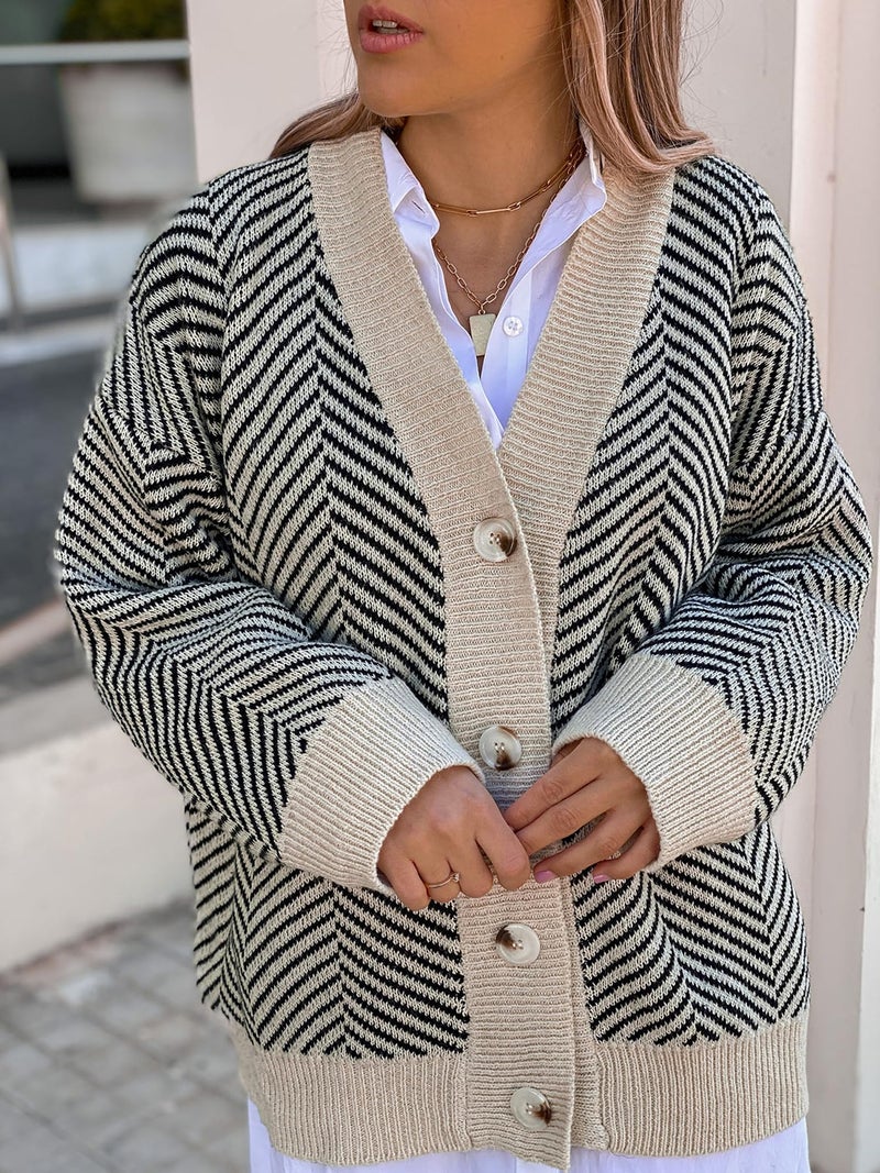 ZAFUL Women's Striped Cardigan Long Sleeve Button Up Open Front Knit Oversized Sweater (0-Stripes) - Image 2