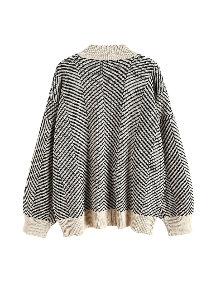 ZAFUL Women's Striped Cardigan Long Sleeve Button Up Open Front Knit Oversized Sweater (0-Stripes) - Image 3