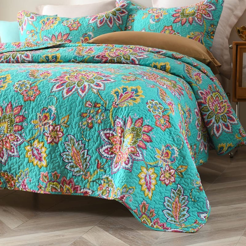 VISIMISI Cotton Bedspread Quilt Sets Reversible Bedding Coverlet Sets Comforter Paisley Floral Bedspread (Green Vintage Floral, Queen Size) - Image 3