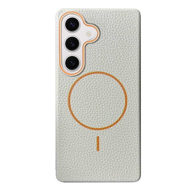 إيروريكس جراب هاتف Samsung Galaxy S23 FE 5G رفيع دائري MagSafe Litchi Grain TPU (أبيض برتقالي) - Image 1