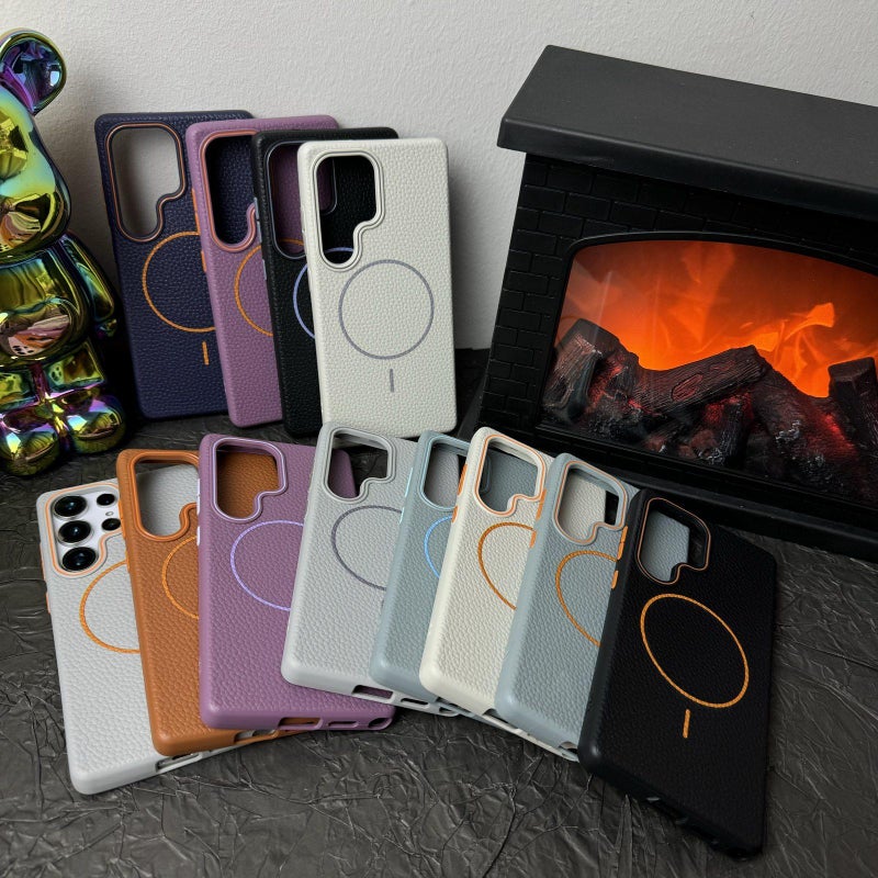 إيروريكس جراب هاتف Samsung Galaxy S23 FE 5G رفيع دائري MagSafe Litchi Grain TPU (أبيض برتقالي) - Image 3