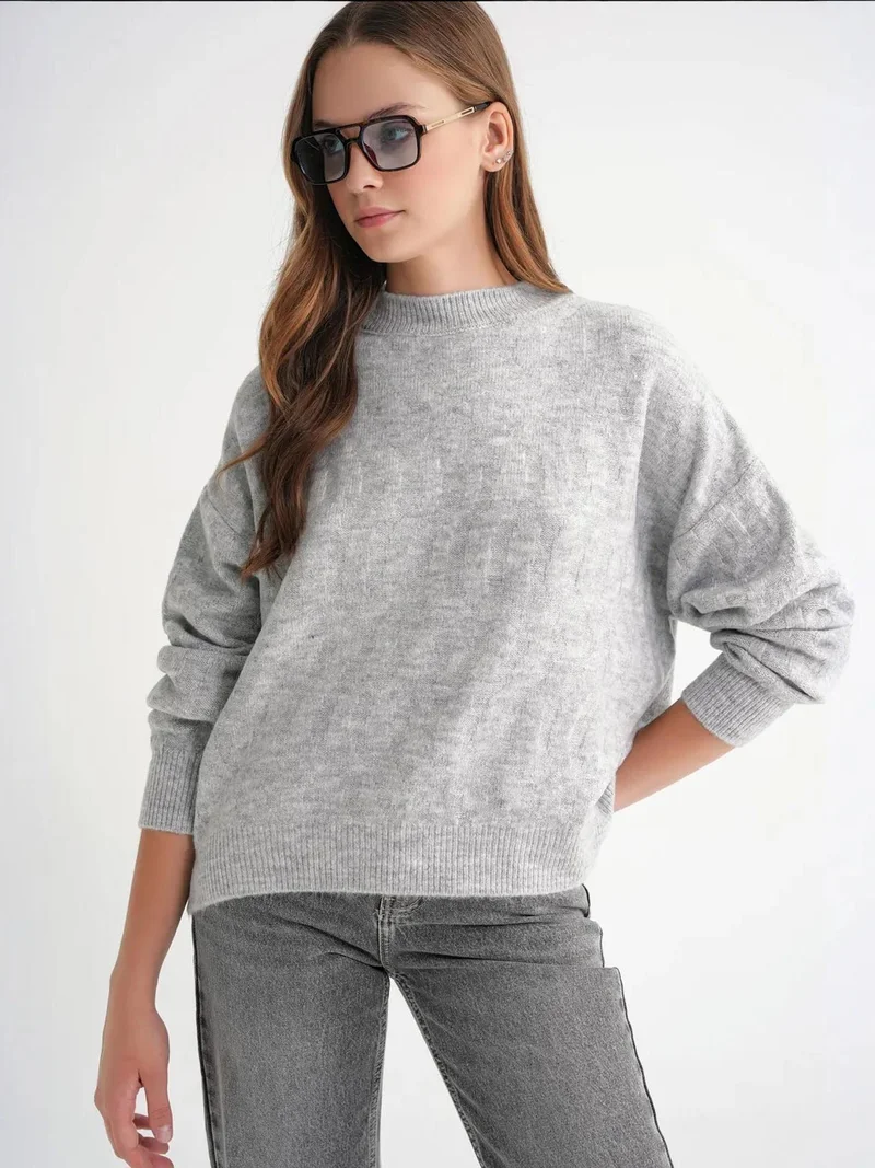 Mixray Grey Mixray Ribbed Knitwear Pullover Sweater with Hair Braid Pattern for Women | Best Price UAE