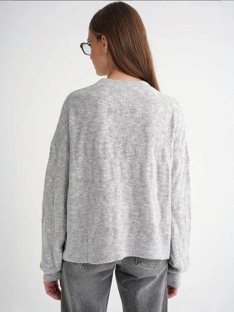 Mixray Grey Mixray Ribbed Knitwear Pullover Sweater with Hair Braid Pattern for Women | Best Price UAE