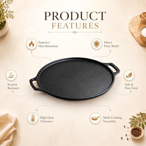Omichef Premium Cast Iron Tawa for Dosa & Chapathi | 30.1 cm / 11.9 Inch Heavy Tawa (3kg) | Induction Friendly | Naturally Non-Stick, 100% Pure & Toxin-Free | No Chemical Coating - Image 3