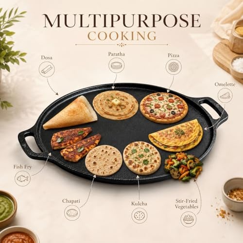 Omichef Premium Cast Iron Tawa for Dosa & Chapathi | 30.1 cm / 11.9 Inch Heavy Tawa (3kg) | Induction Friendly | Naturally Non-Stick, 100% Pure & Toxin-Free | No Chemical Coating - Image 2
