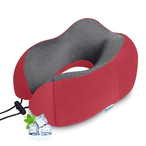 Billebon Neck Pillow for Travel – Cool-Gel Infused Memory Foam Support, U-Shape Ergonomic Design, Portable for Flight Journeys, Lightweight Compact Build, Soft Washable Cover (Red) - Image 1