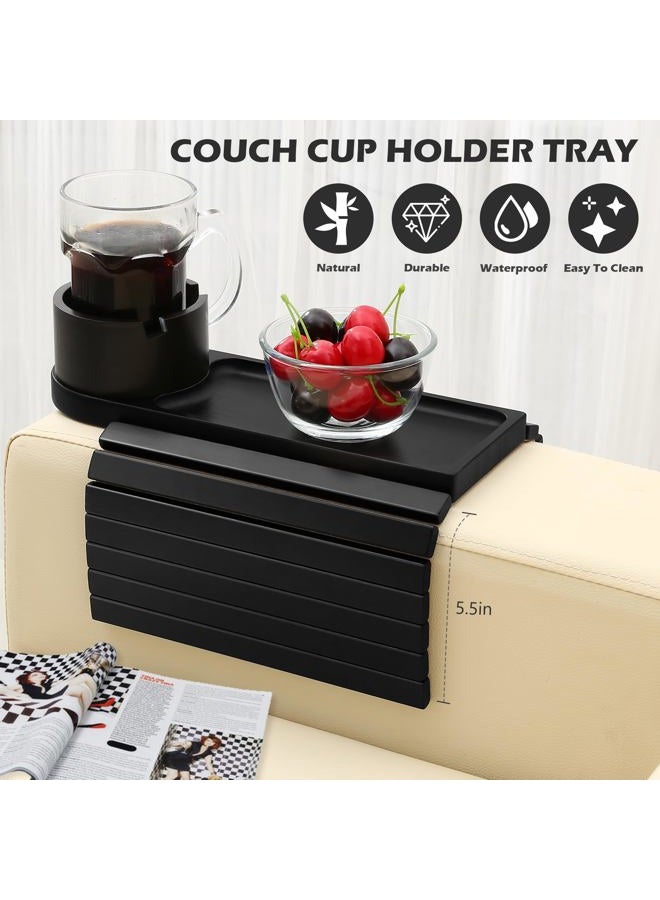 BAMTRAY Couch Cup Holder Tray, 15.75" Bamboo Cup Holder for Couch, 3 in 1 Foldable Arm Chair Clip on Side Tray Table for Remote Snack Table on Armrest - Image 2