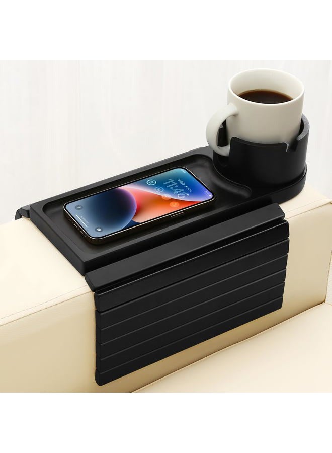 BAMTRAY Couch Cup Holder Tray, 15.75" Bamboo Cup Holder for Couch, 3 in 1 Foldable Arm Chair Clip on Side Tray Table for Remote Snack Table on Armrest - Image 1